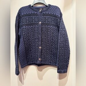 Women’s Medium Skyr Blue/Black Cardigan 100% Wool Icelandic/Nordic Pattern